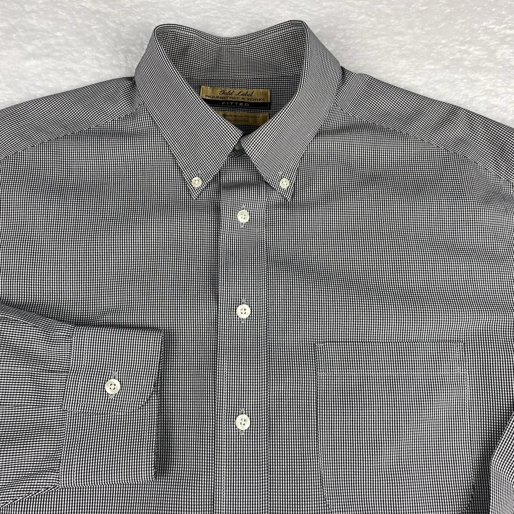 Roundtree & Yorke Gold Label Dress Shirt Mens 16.5-35 Black/White Check Fitted